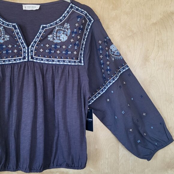Lucky Brand Embroidered Popover Peasant Blouse Size Large - Picture 3 of 14